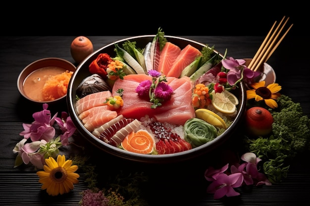 Des tranches de sashimi frais mettant en valeur le poisson cru immaculé et sa présentation élégante