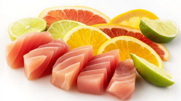 Photo des tranches de sashimi frais avec une variété d'agrumes sur un fond blanc