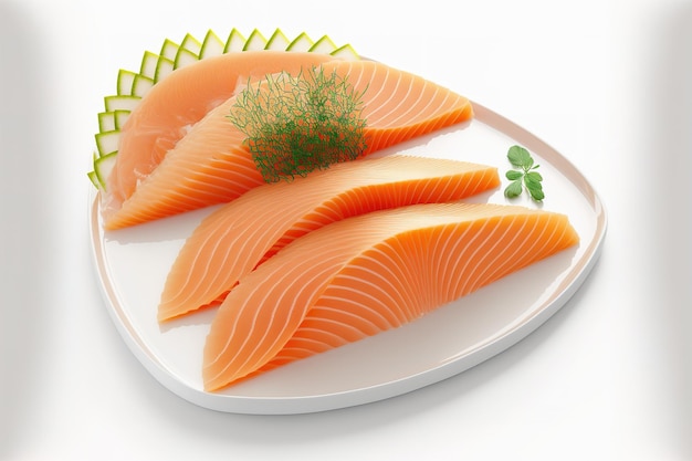 Tranches de sashimi de saumon cru sur fond blanc