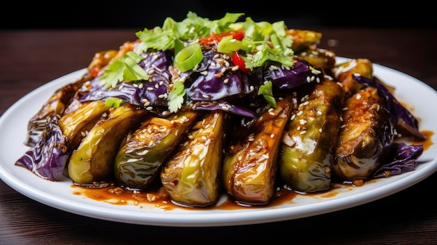 Des tranches savoureuses d'aubergines grillées, arrosées d'un riche glaçage de soja et d'une coriandre fraîche sur une assiette de lavande