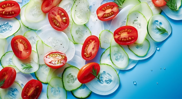 Photo des tranches de tomates au concombre et d'aneth sur fond bleu