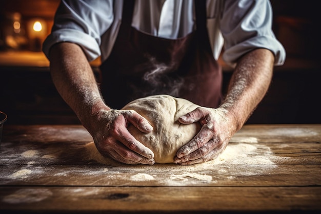 Étrange jeune homme pétrissant de la pâte sur une dalle en bois IA générative