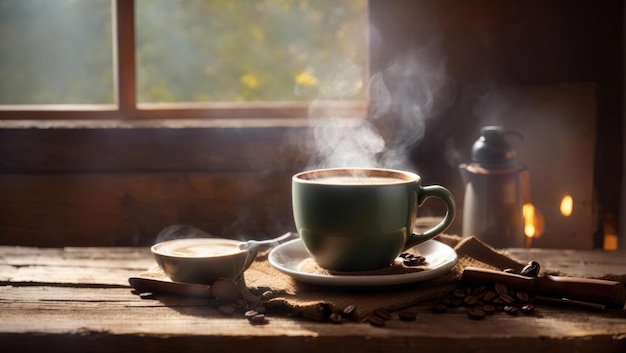 Tranquil Morning Comfort Tasse de café torride sur une table en bois rustique