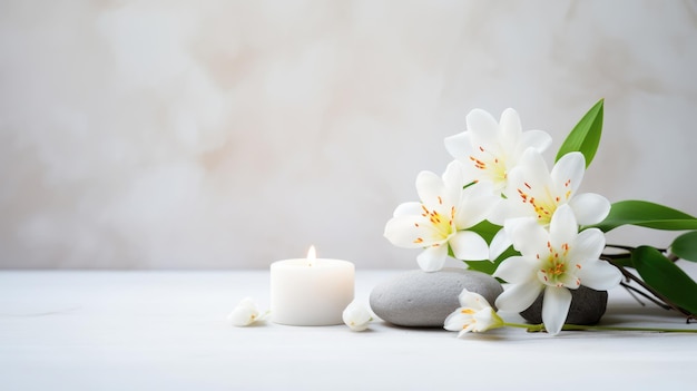 Tranquil Spa Still Life Fleurs Blanches Bougies et Pierres de Massage