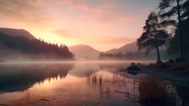 La tranquillité au bord du lac Dawn's Serenity avec des teintes douces du lever du soleil et des sommets lointains
