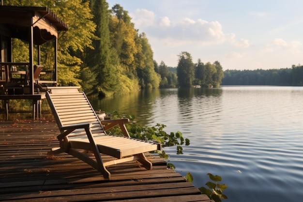 Tranquillité au bord du lac Jetée en bois avec chaise longue au milieu de la forêt