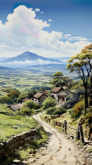 La tranquillité de la campagne Les plantations de café et les montagnes brumeuses Peinture à l'aquarelle traditionnelle
