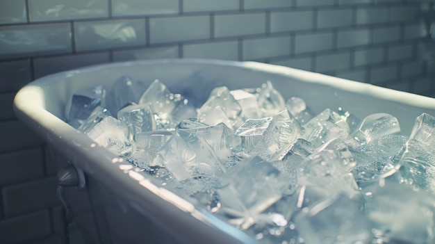 La tranquillité glaciale d'une baignoire remplie de cubes de glace flottants suggérant un cadre de spa