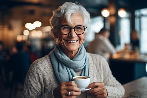 La tranquillité intemporelle Une femme âgée savourant du café dans un charmant café Ambiance générée par l'IA