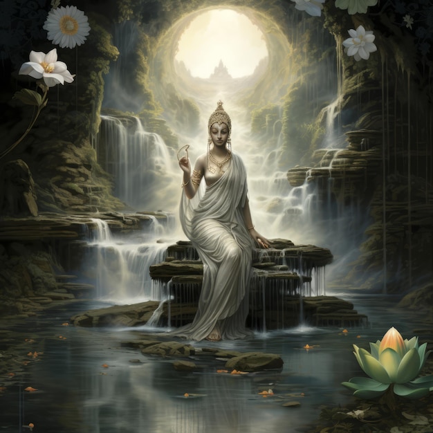 Photo la tranquillité mystique le voyage serein de kuan yin à travers le pont du lotus sous la cascade au clair de lune