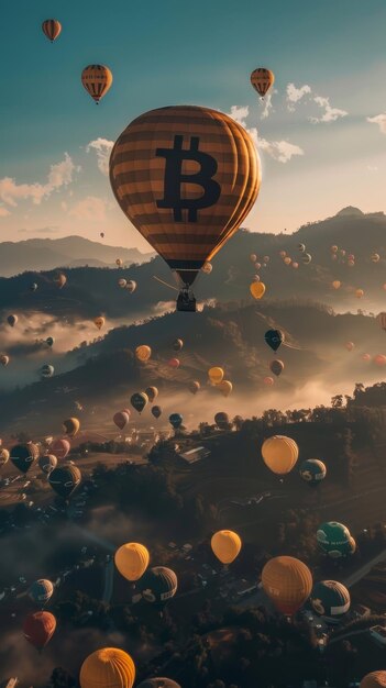 La tranquillité d'un paysage parsemé de ballons à air chaud est juxtaposée à l'excitation de la crypto-monnaie alors que les icônes Bitcoin ornent les ballons dans un cadre d'aube serein