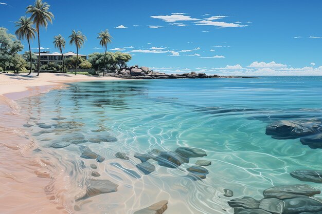 Tranquillité tropicale mer bleue pastel plage sablonneuse et ombres de longs palmiers