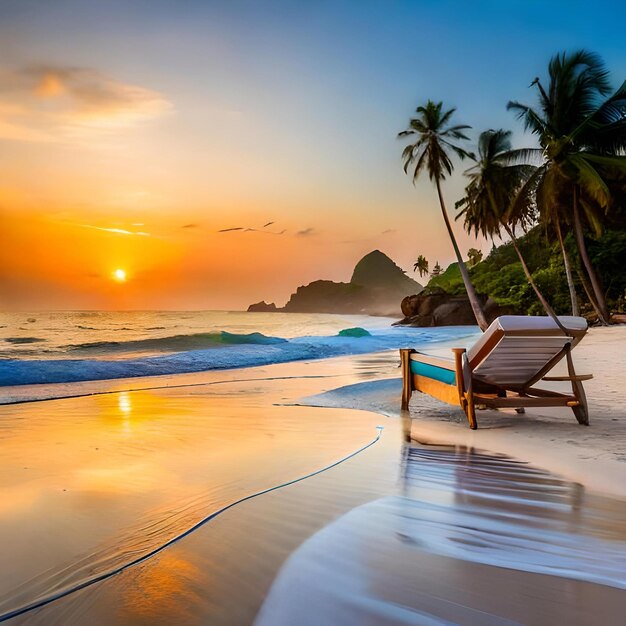 Photo transat esthétique sur une plage paradisiaque avec coucher de soleil