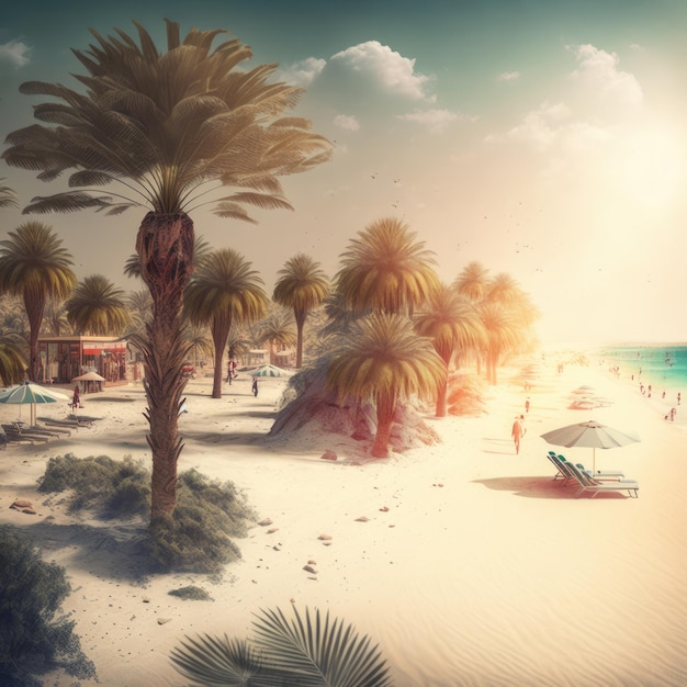 Transats et parasols de palmiers sur une plage ensoleillée créés à l'aide de la technologie générative ai