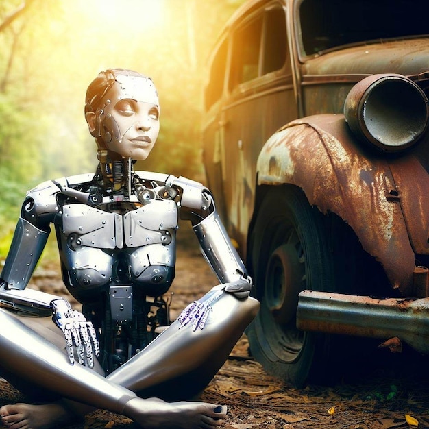 Transcender le temps L'acte énigmatique d'une femme cyborg assise avec une vieille voiture rouillée