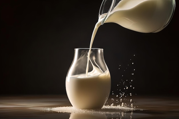 Transférer le lait de la bouteille à la piscine laiteuse avec un éclairage et une réflexion supérieurs sur un fond aux tons neutres