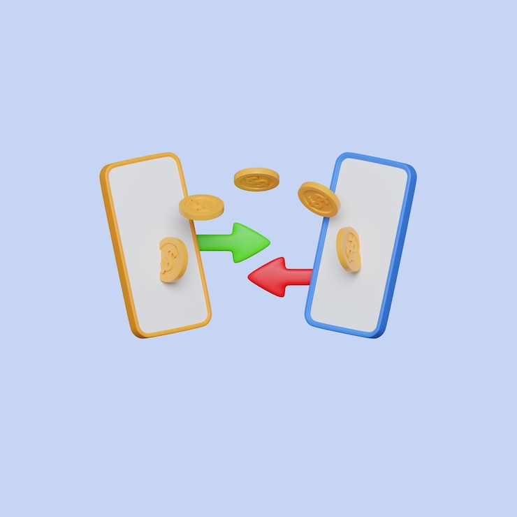 Photo transfert d'argent sur les smartphones pièces se déplaçant d'un téléphone mobile à un autre envoi et réception d'argent sans fil portefeuille mobile transfert bancaire concept d'argent illustration de rendu 3d