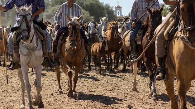 Le transfert de juments est un événement d'élevage à El Rocio Huelva Espagne en espagnol appelé Saca de Yeguas