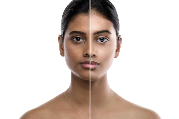 Transformation de la jeune femme indienne. Résultat d'une chirurgie plastique ou d'une retouche.