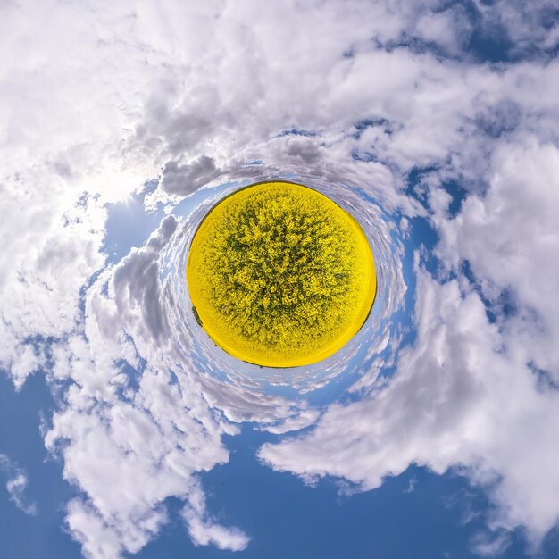 Transformation de la petite planète du panorama sphérique à 360 degrés Vue aérienne abstraite sphérique dans le champ de colza avec de beaux nuages impressionnants Courbure de l'espace