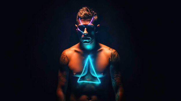 Transformationman avec triangle néon réflexion de la lumière numérique sur le corps Concept de photographie moderne