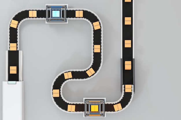 Transmission de la boîte d'emballage sur le rendu 3d de la bande transporteuse