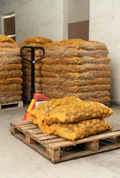 transpalette chargé de pommes de terre dans l'entrepôt. l'opérateur d'entrepôt charge des pommes de terre. un grand matériel de ferme