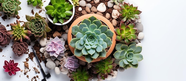 Transplanter des plantes succulentes dans un pot en céramique avec des roches de drainage pour le jardinage domestique