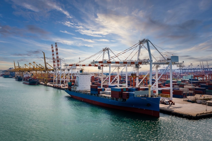 Photo transport de conteneurs et ports d'expédition déchargement de fret logistique par grue