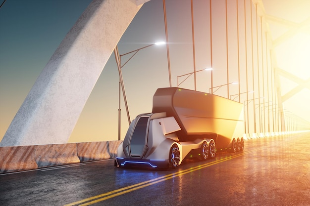 Transport de fret autonome sans pilote Un camion autonome électrique se déplace le long de la route Transport rapide de fret sans chauffeur Rendu 3D Illustration 3D
