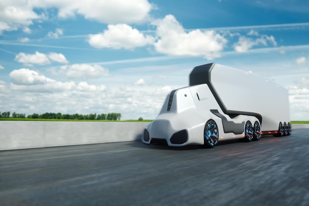 Transport de fret autonome sans pilote Un camion électrique autonome avec remorque se déplace le long de la route Transport rapide de fret sans chauffeur