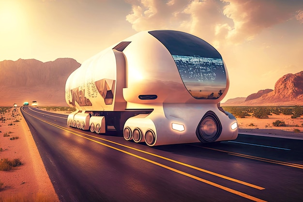 Transport de fret futur voyageant le long de l'IA générative autonome de l'autoroute