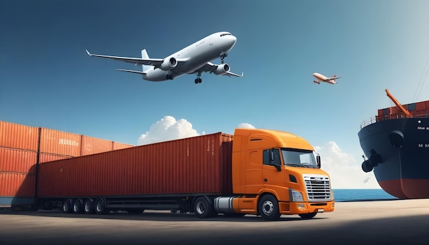 Transport et logistique des conteneurs navire de fret et avion de fret rendu et illustration en 3D