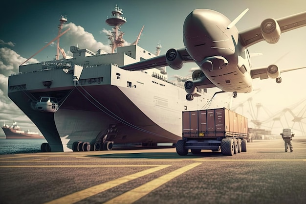 Transport de marchandises à la plate-forme dans le futur port de fret futuriste avec des drones créés avec generativ