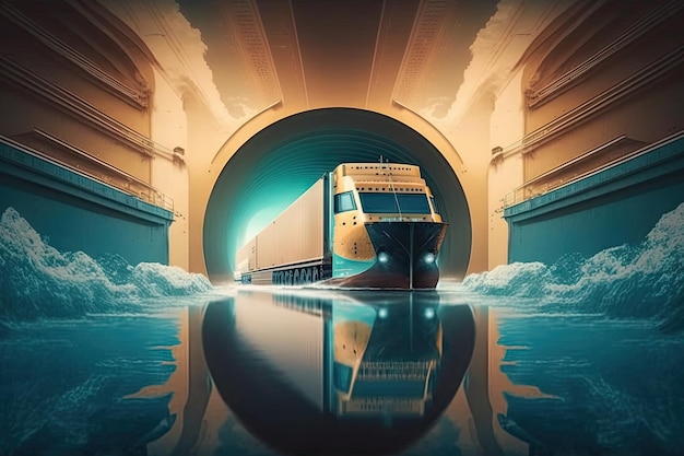 Transport mondial de marchandises dans un tunnel avec reflet dans l'eau, futur port de fret futuriste créé