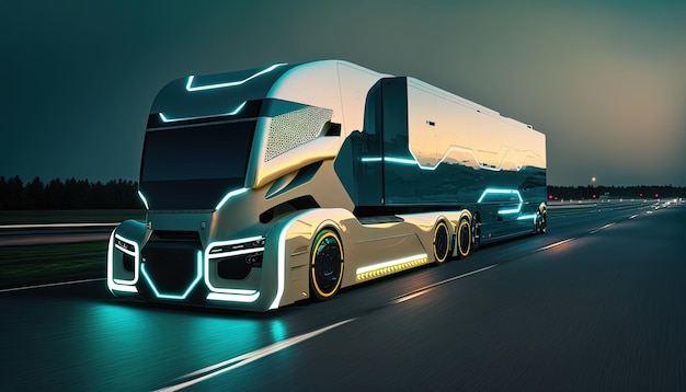 Transport de véhicules électriques par camion futuriste à grande vitesse sur l'autoroute Generative Ai