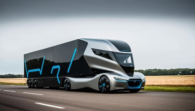 Transport de véhicules électriques par camion futuriste à grande vitesse sur l'autoroute Generative Ai