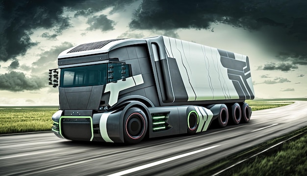 Transport de véhicules électriques par camion futuriste à grande vitesse sur l'autoroute Generative Ai