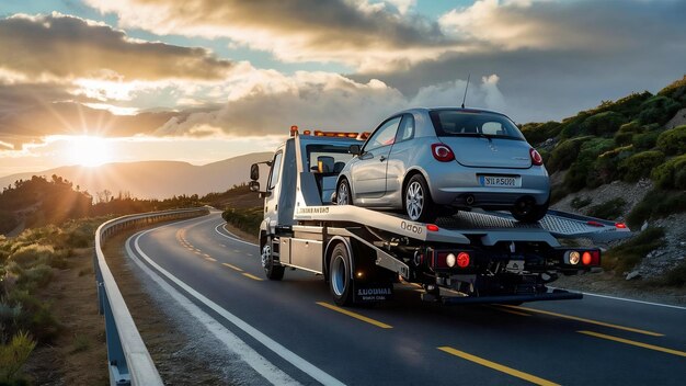 Photo transporteur de remorqueurs transportant une voiture sur la route en slovénie