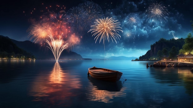 Transportez vos lecteurs dans un décor au bord d'un lac où les feux d'artifice se reflètent sur l'eau doublant la vitesse