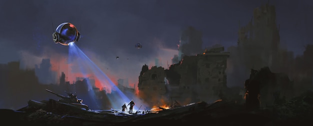 Les traqueurs chassent les humains survivants dans les ruines, illustration de science-fiction.