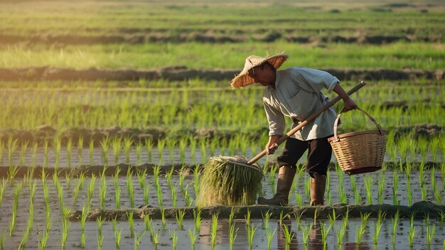 Travail d'agriculteur dans la rizière