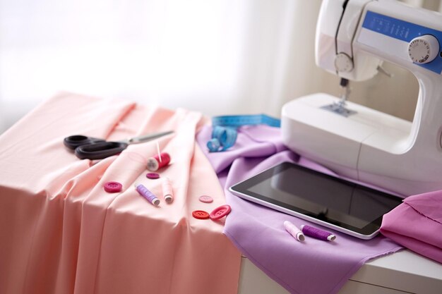 travail à l'aiguille, technologie et concept de couture - machine à coudre avec ordinateur tablette, ciseaux, ruban à mesurer et tissu