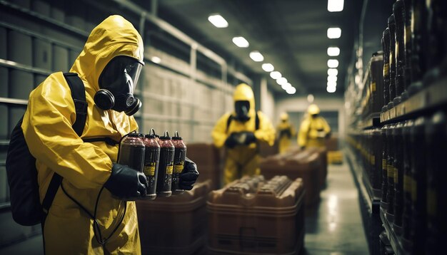 Photo travail dans un entrepôt travailleurs en combinaison jaune de protection contre les matières dangereuses et masque à gaz portant des canisters