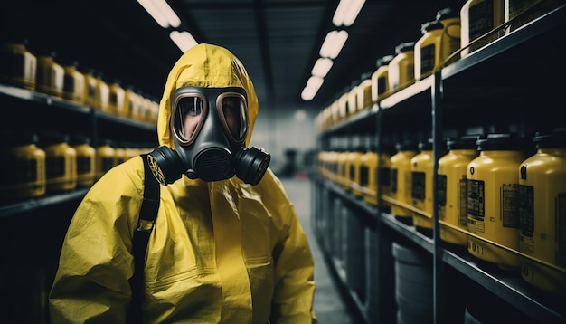 Photo travail dans un entrepôt travailleurs en combinaison jaune de protection contre les matières dangereuses et masque à gaz portant des canisters