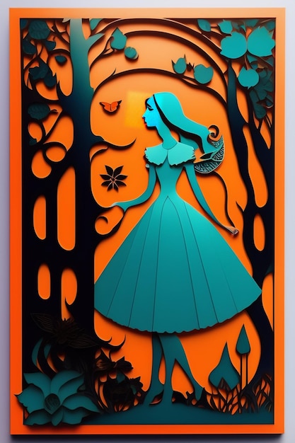 Travail de découpe de papier Alice au pays des merveilles couleurs orange et bleu sarcelle