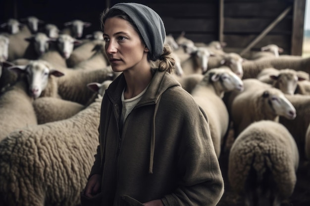 Photo travail d'une éleveuse de moutons soins des animaux à la ferme générer de l'ia