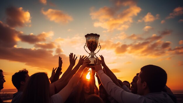 Travail d'équipe des sports et des mains des gens avec un trophée pour la réalisation du gagnant et le succès du champion Soutenir la communauté et la diversité avec les femmes et un prix pour l'engagement et la collaboration en matière de formation