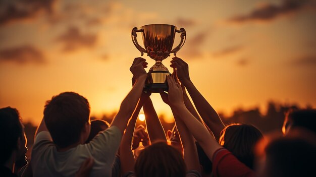 Travail d'équipe des sports et des mains des gens avec un trophée pour la réalisation du gagnant et le succès du champion Soutenir la communauté et la diversité avec les femmes et un prix pour l'engagement et la collaboration en matière de formation