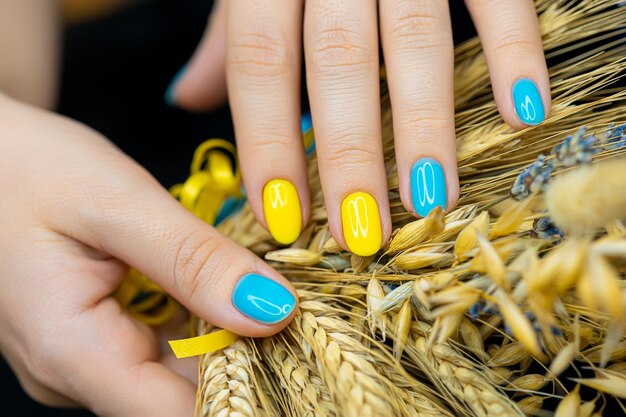 Le travail fini est appliqué avec une manucure bleu-jaune sur fond d'épillets manucure gel polish est fabriqué dans le style ukrainien